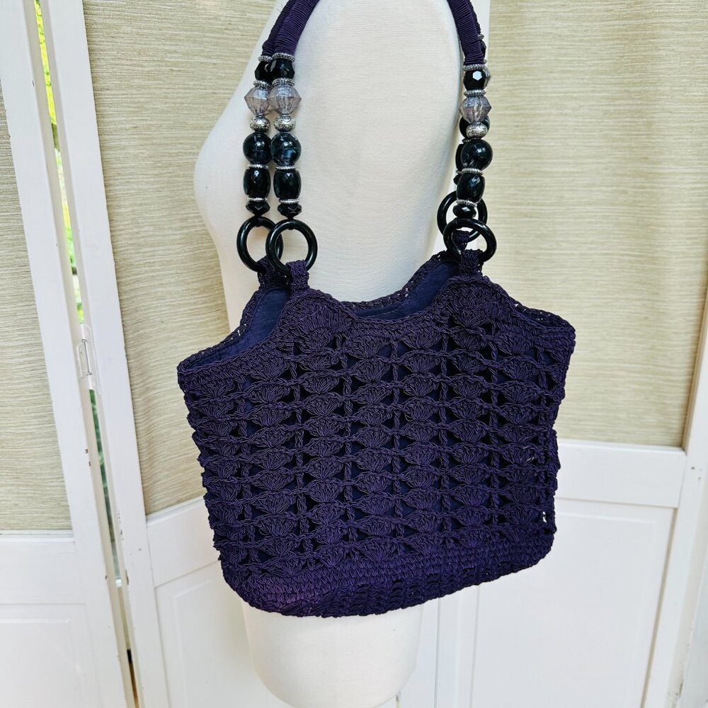 Capelli Straworld Purple Crocheted Bag Beaded Strap Crocheted Purse Boho Handbag